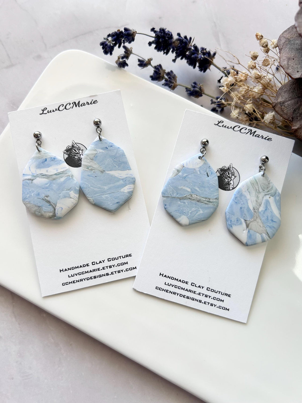 Pale Blue Marbled Earrings, Clay Octagon Dangles, Handmade Fashion Lightweight Jewelry Vacation Gift
