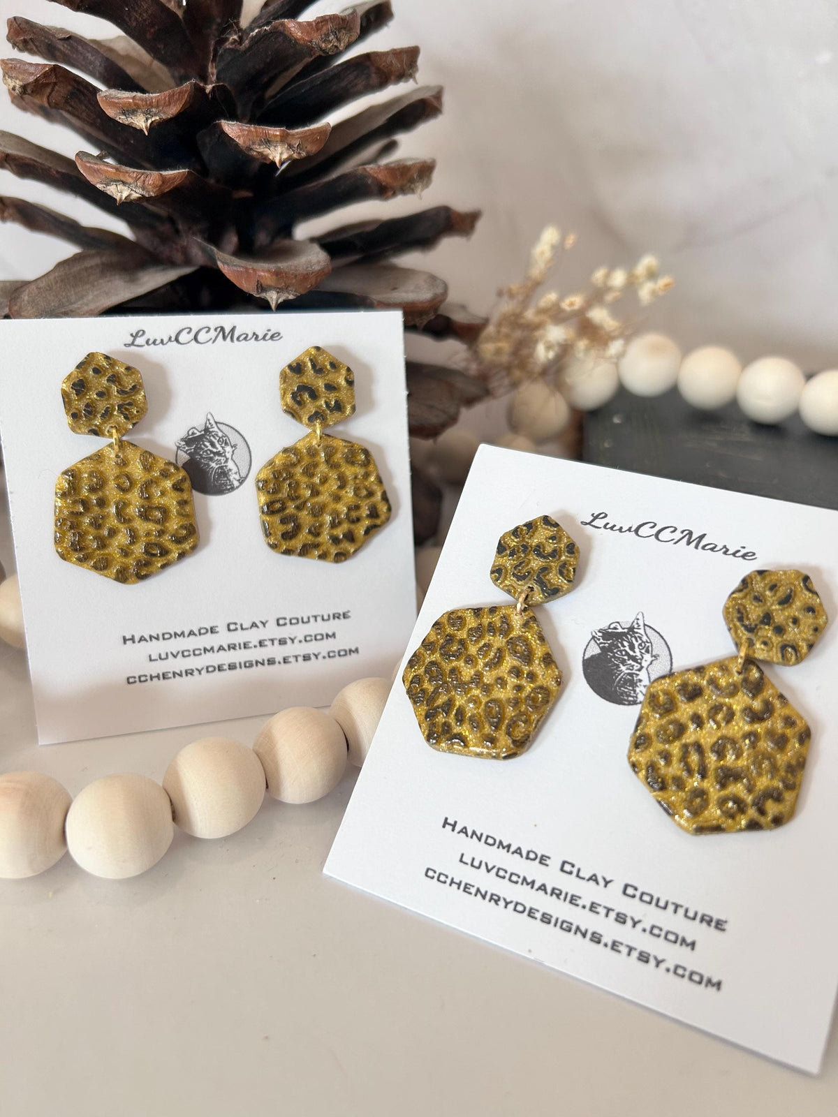 Handmade Clay Leopard Print Hexagon Earrings, Gold Geometric Stud Dangles, Lightweight Statement Boho Jewelry