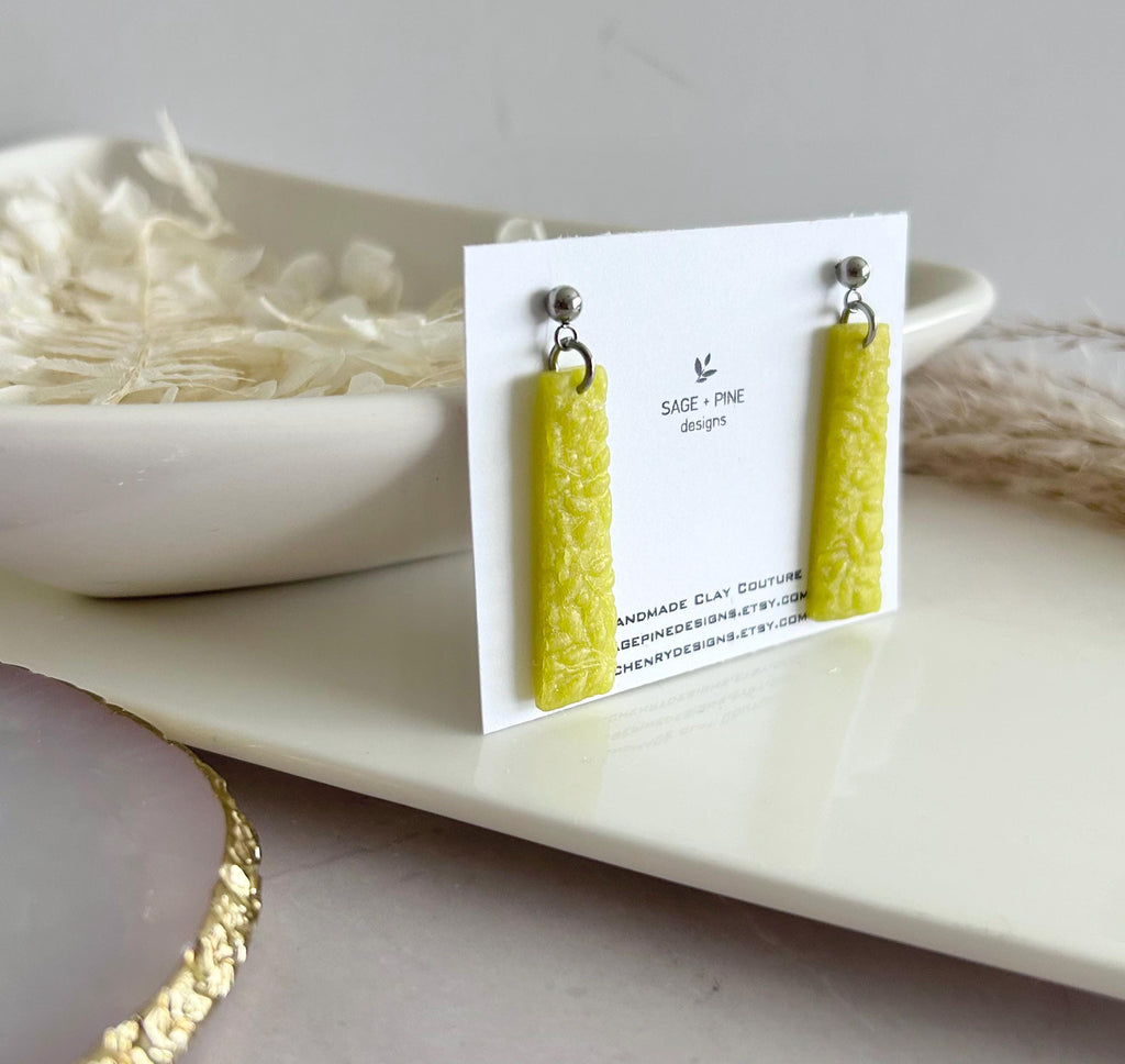 Gold Chartreuse Floral Vine Drop Rectangle Dangles, Citrus Green Yellow Earrings, Fall Leaf Jewelry