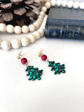 Green Christmas Tree Earrings, Holly Berry Beads, Cute Holiday Gift, Stocking Stuffer Clay Jewelry