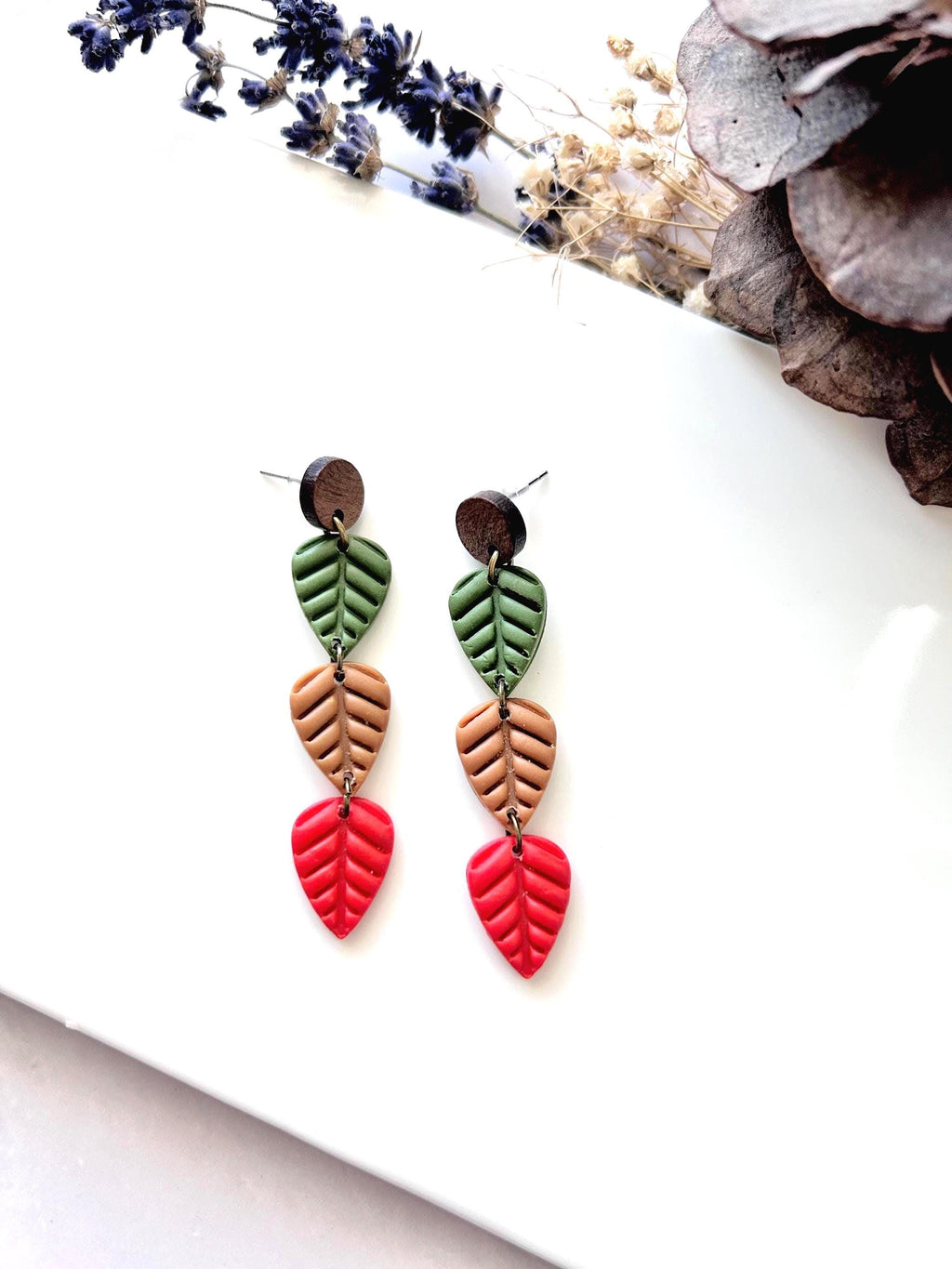 Leaf Earrings, Olive Green, Bright Red, Mustard Yellow, Handmade Clay Boho Fall Jewelry Gift