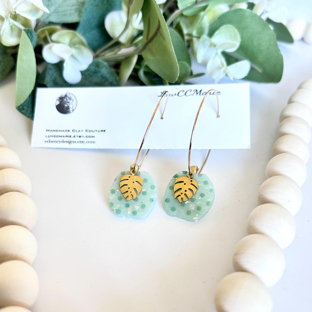 Green Polka Dot Pumpkin Earrings, Gold Leaf Clay Hoop Dangles, Fall Boho Jewelry