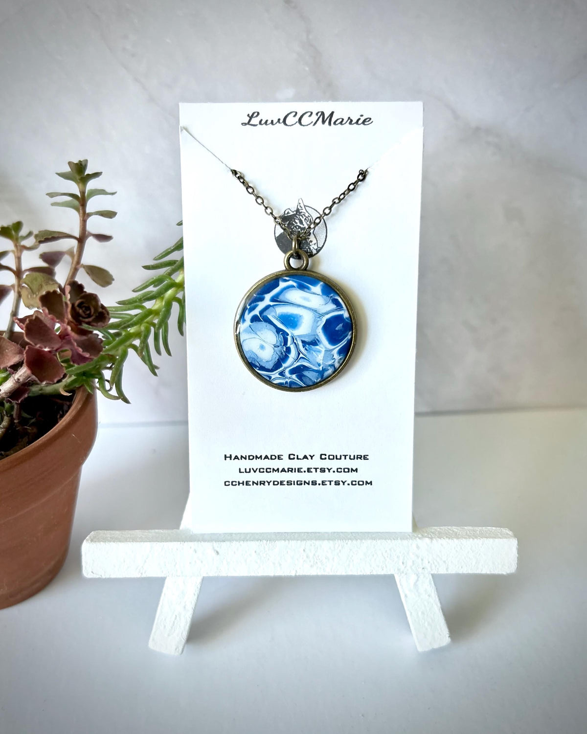 Marbled Mokume Clay Pendant Necklace: Navy Blue Boho Jewelry