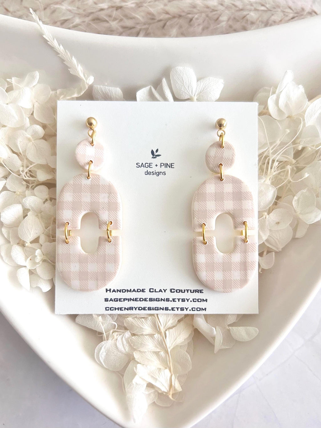 Handmade Gingham Clay Earrings, Boho Beige and White Checkered Dangles