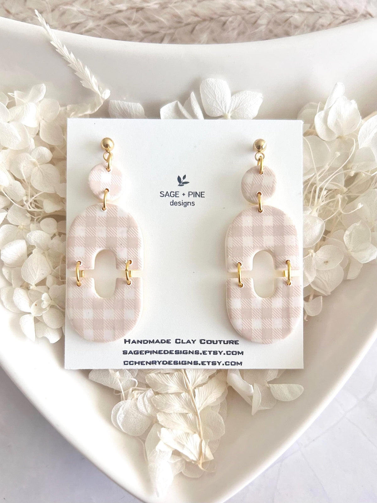 Handmade Gingham Clay Earrings, Boho Beige and White Checkered Dangles