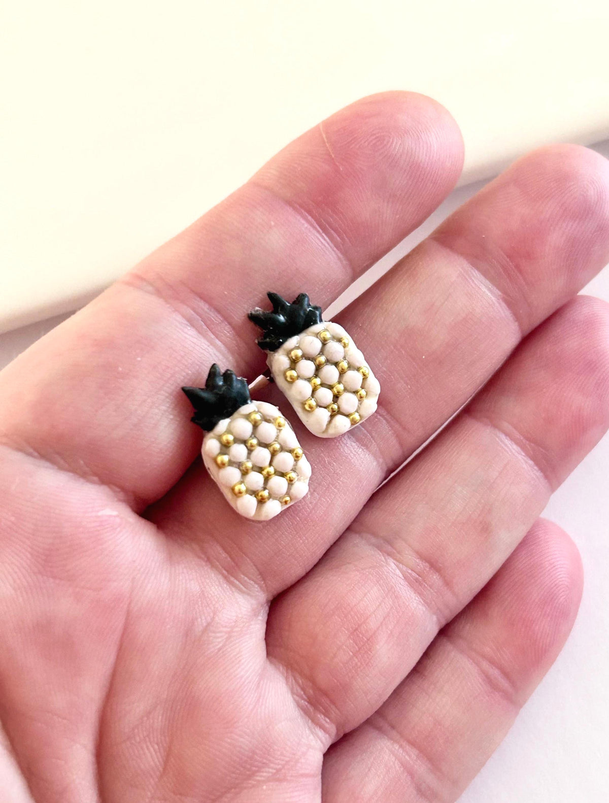 Pineapple Studs, Black and White Post Earrings, Handmade Clay Modern Jewelry