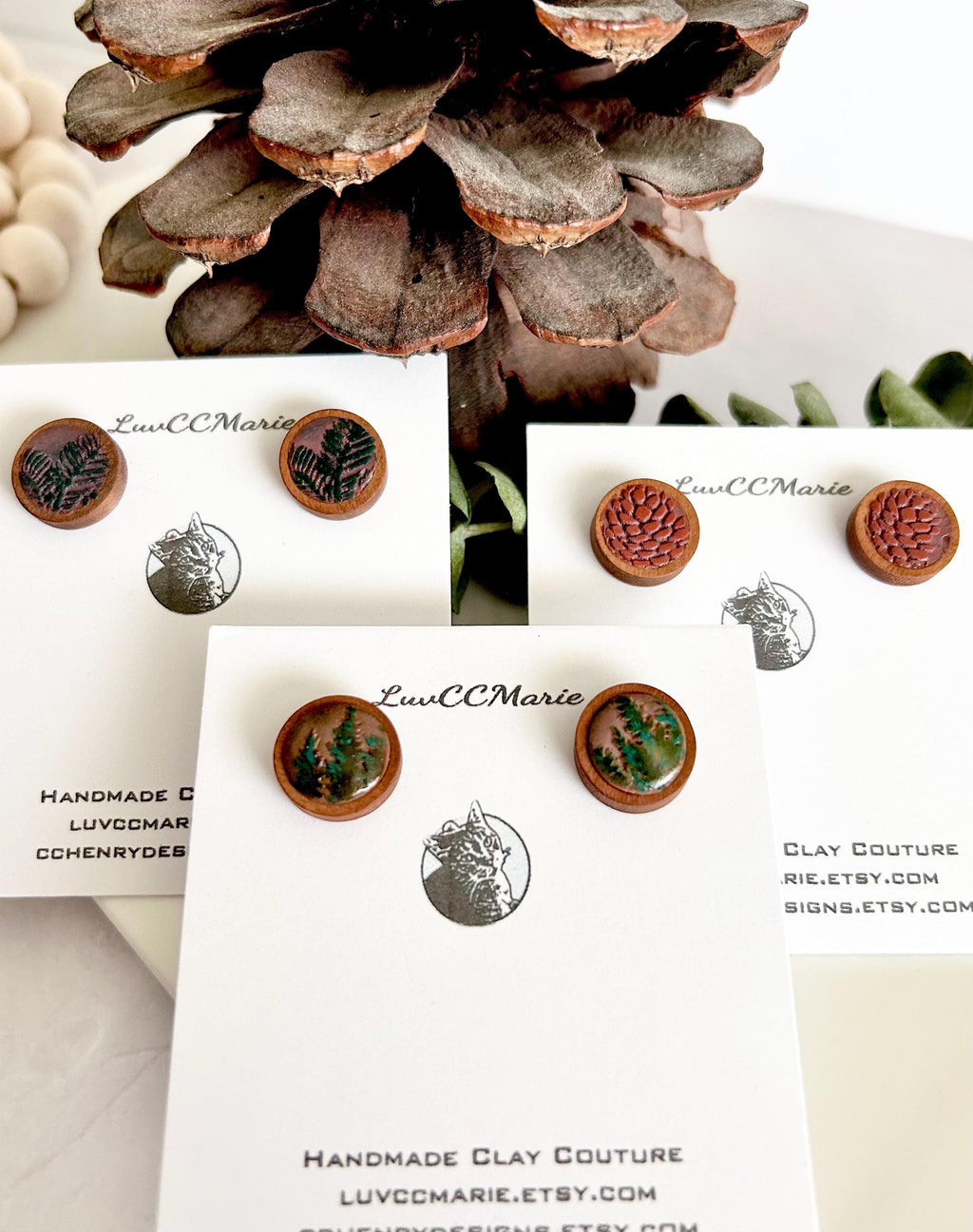 Handmade Pine Cone Stud Earrings: Wood & Clay Fall Boho Jewelry