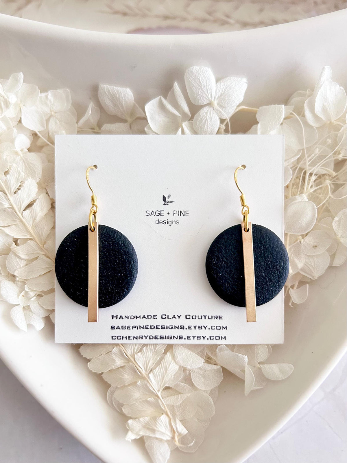 Handmade Gold Bar Hoop Clay Earrings, Neutral Black 18K Plated Dangles, Lightweight Hypoallergenic