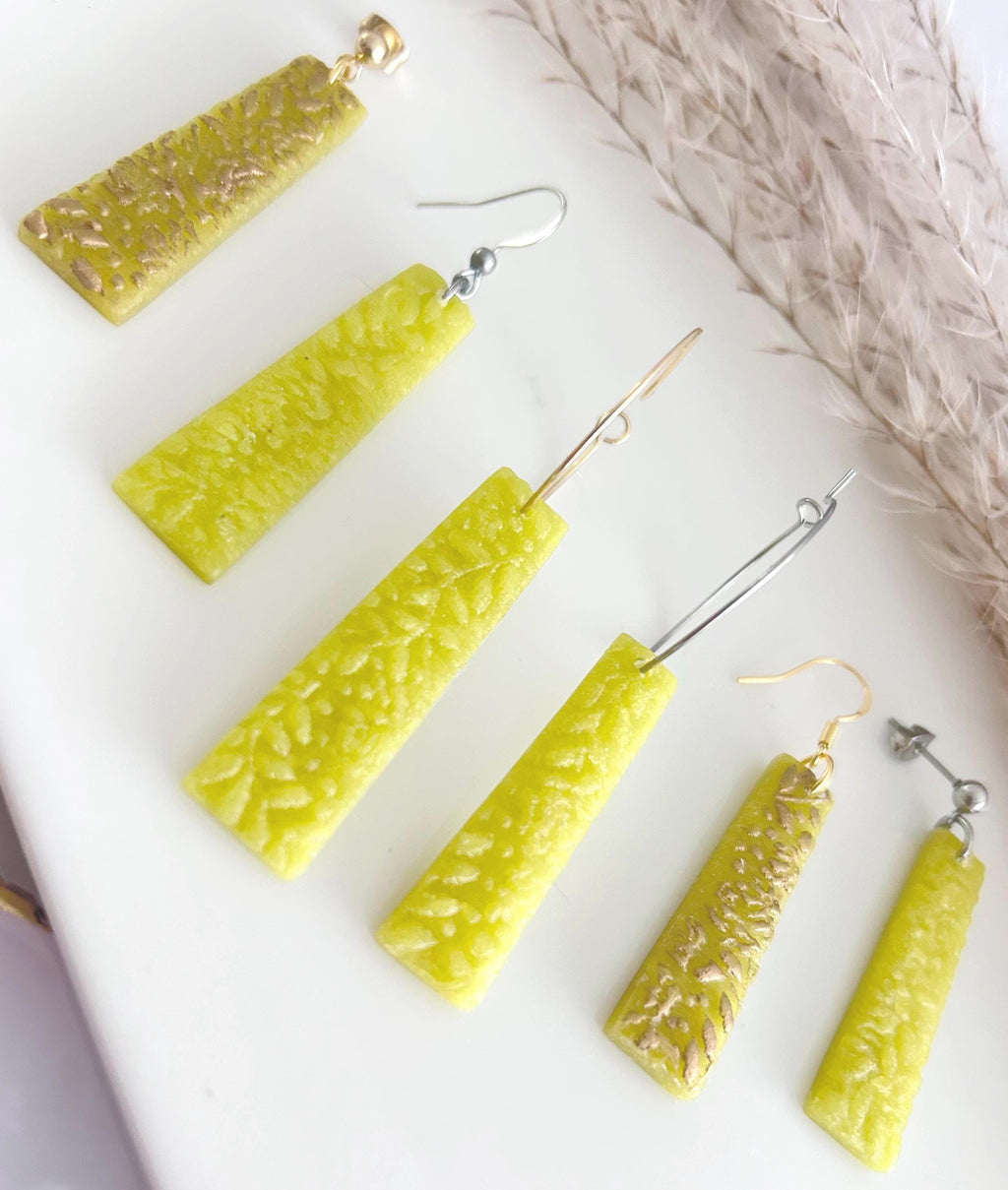 Gold Yellow Earrings, Floral Vine Rectangle Dangles, Chartreuse Citrus Green Drops, Delicate Leaf Fall Jewelry