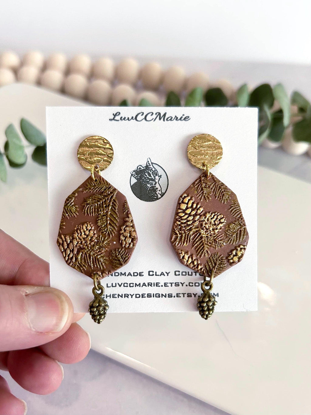 Brown and Gold Fall Earrings, Pine Cone Handmade Dangles, Clay & Bronze, Autumn Jewelry Gift