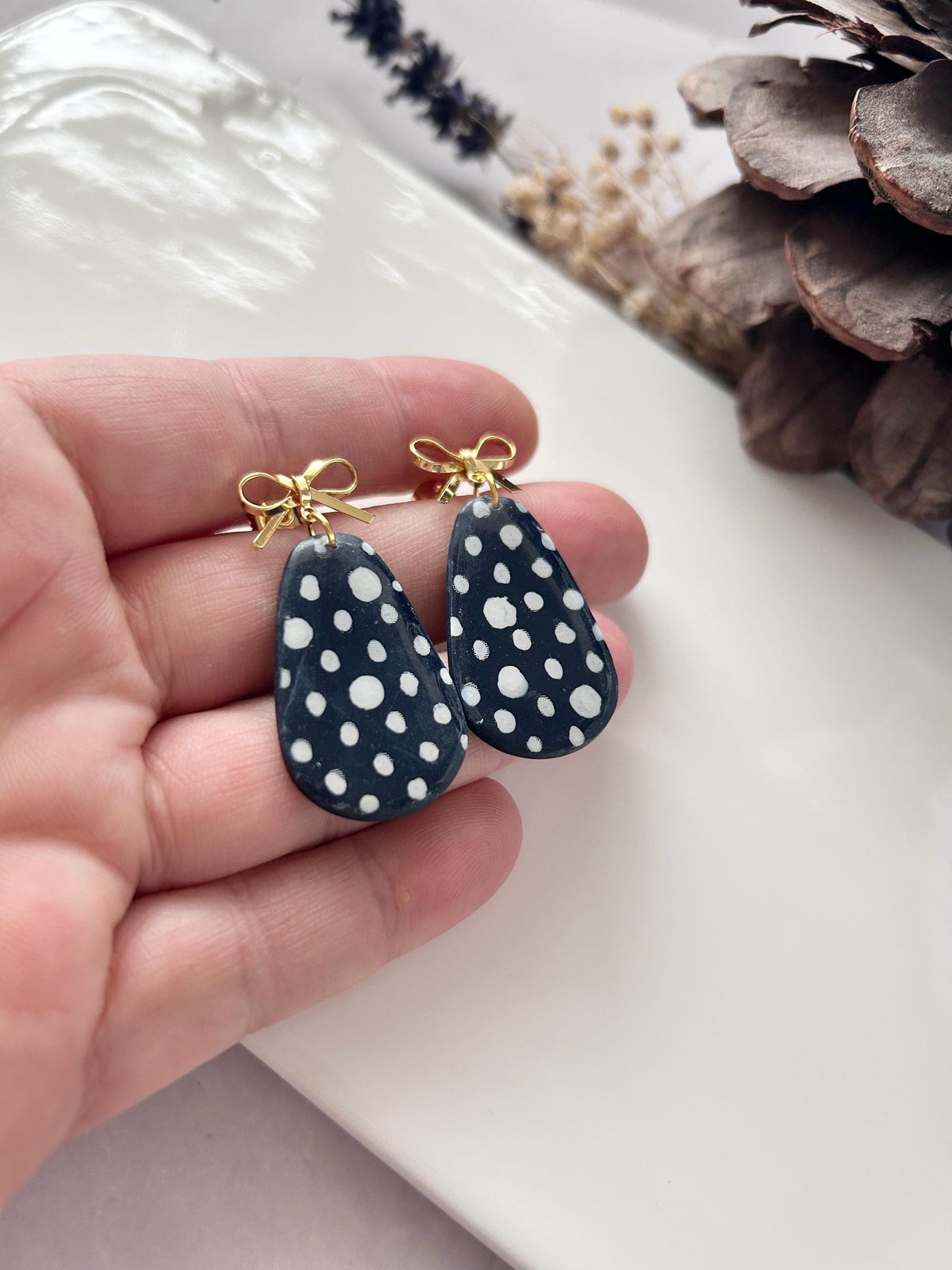 Hand Painted Navy Blue & White Polka Dot Earrings, Gold Bow Drop Dangles, Handmade Jewelry