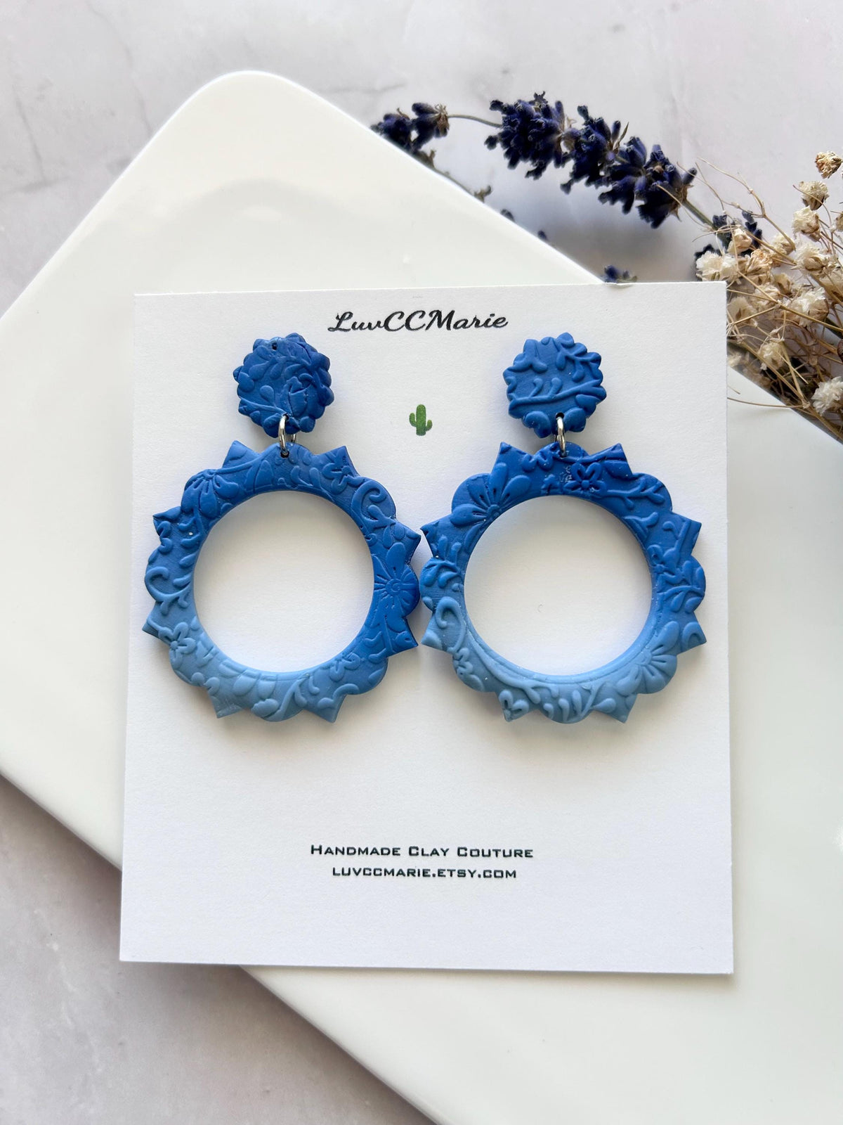 Boho Drop Hoop Earrings, Blue Ombre Statement Dangles, Handmade Clay Unique Gift