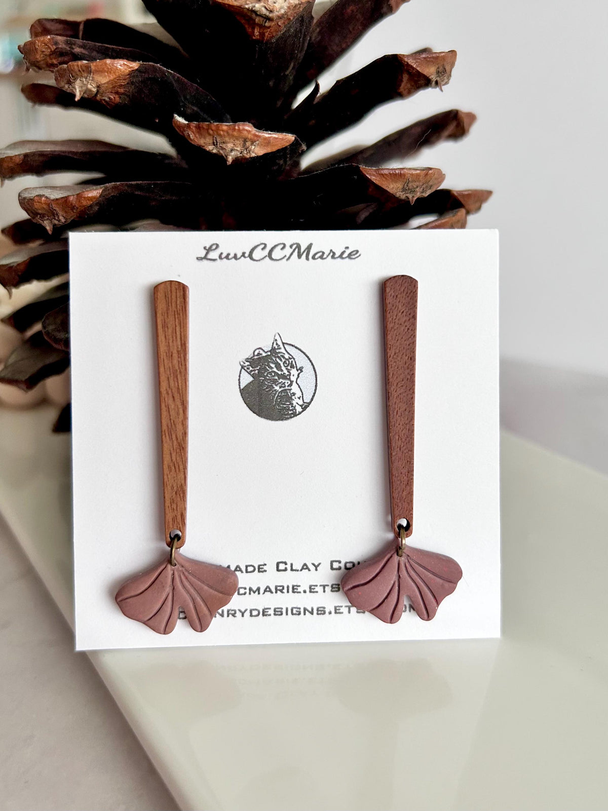 Handmade Clay Fall Leaf Earrings, Wood Bar Dangles, Brown Leaves Autumn Jewelry
