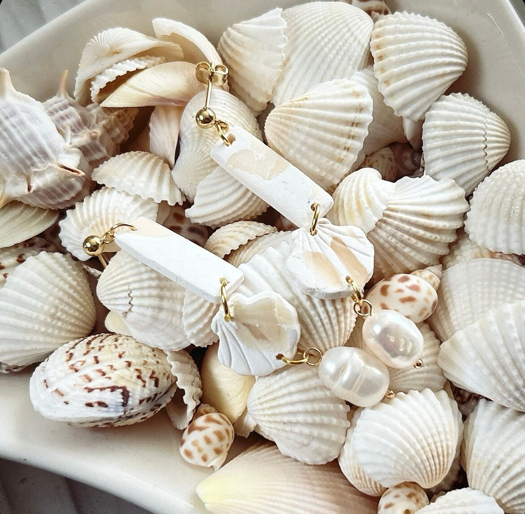 Seashell Earrings, Cream and White Clay Dangles, Coastal Beach Vacation Handmade Jewelry