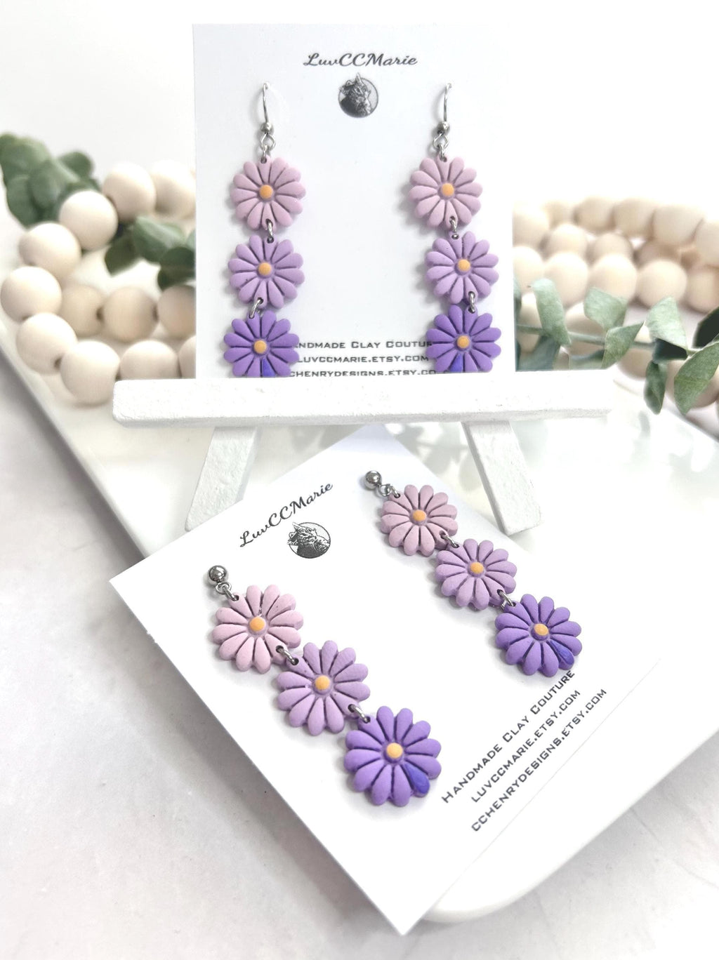 Handmade Purple Daisy Dangle Earrings: Kawaii Clay Floral Boho Jewelry