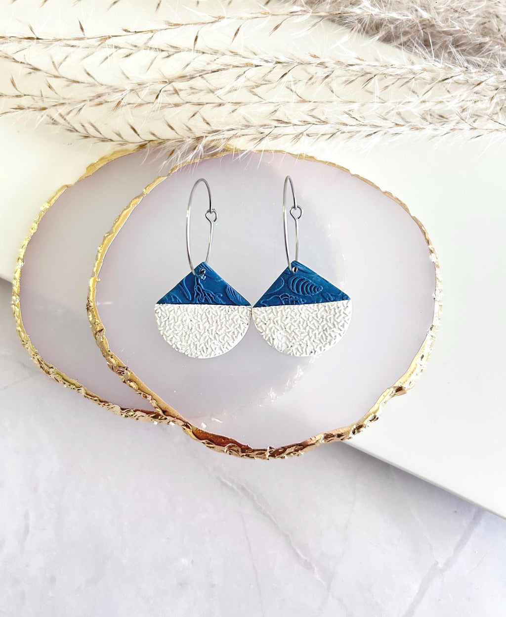 Creamy White and Teal Blue Abstract Fan Dangle Earrings, Handmade Clay Coastal Jewelry