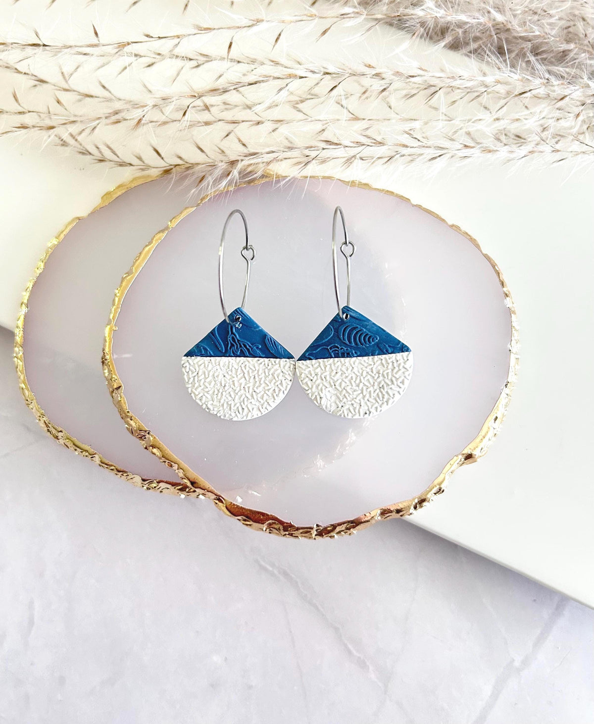 Creamy White and Teal Blue Abstract Fan Dangle Earrings, Handmade Clay Coastal Jewelry