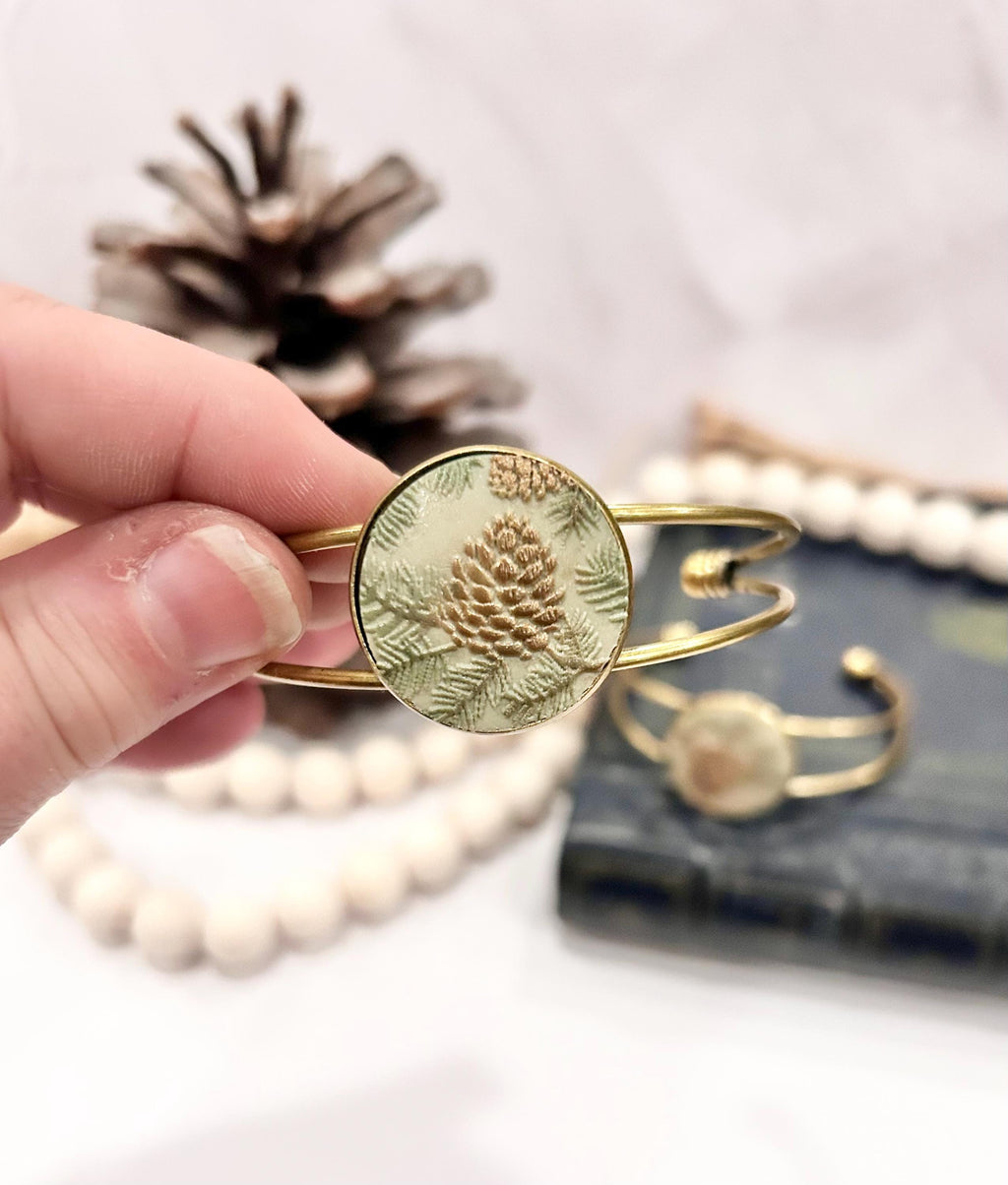 Sage Bracelet, Pine Cone Floral Cuff, Handmade Fashion Boho Jewelry