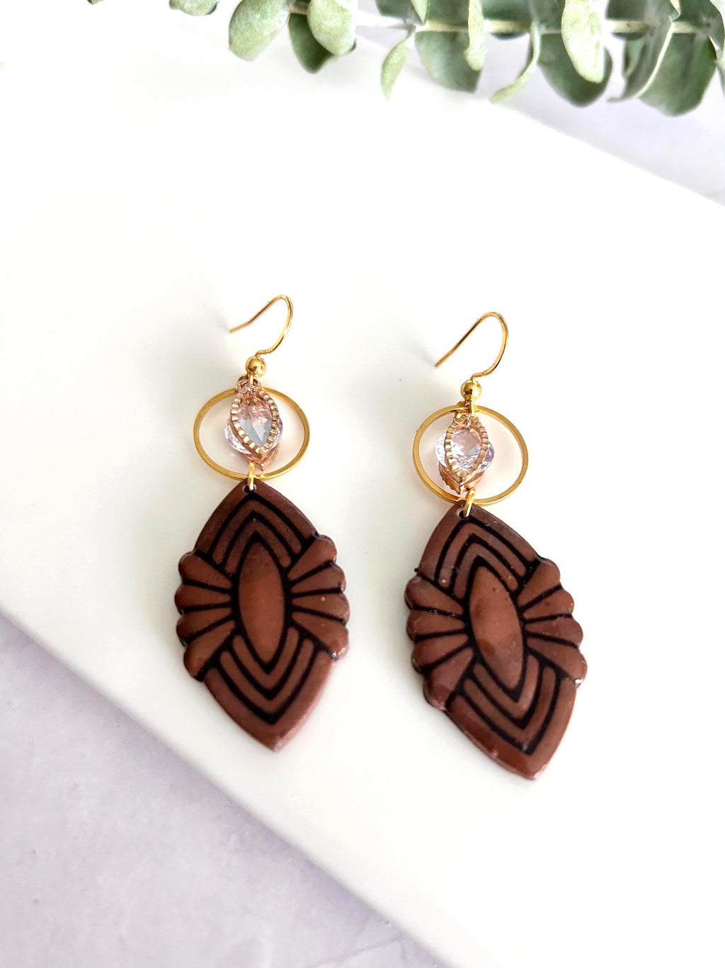 Dark Brown Clay Dangle Earrings: Gold Cubic Zirconia, Boho Wedding Jewelry