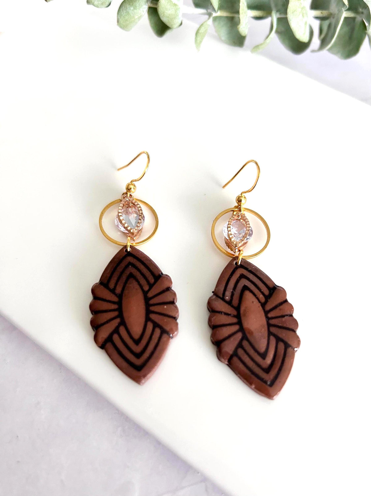 Dark Brown Clay Dangle Earrings: Gold Cubic Zirconia, Boho Wedding Jewelry