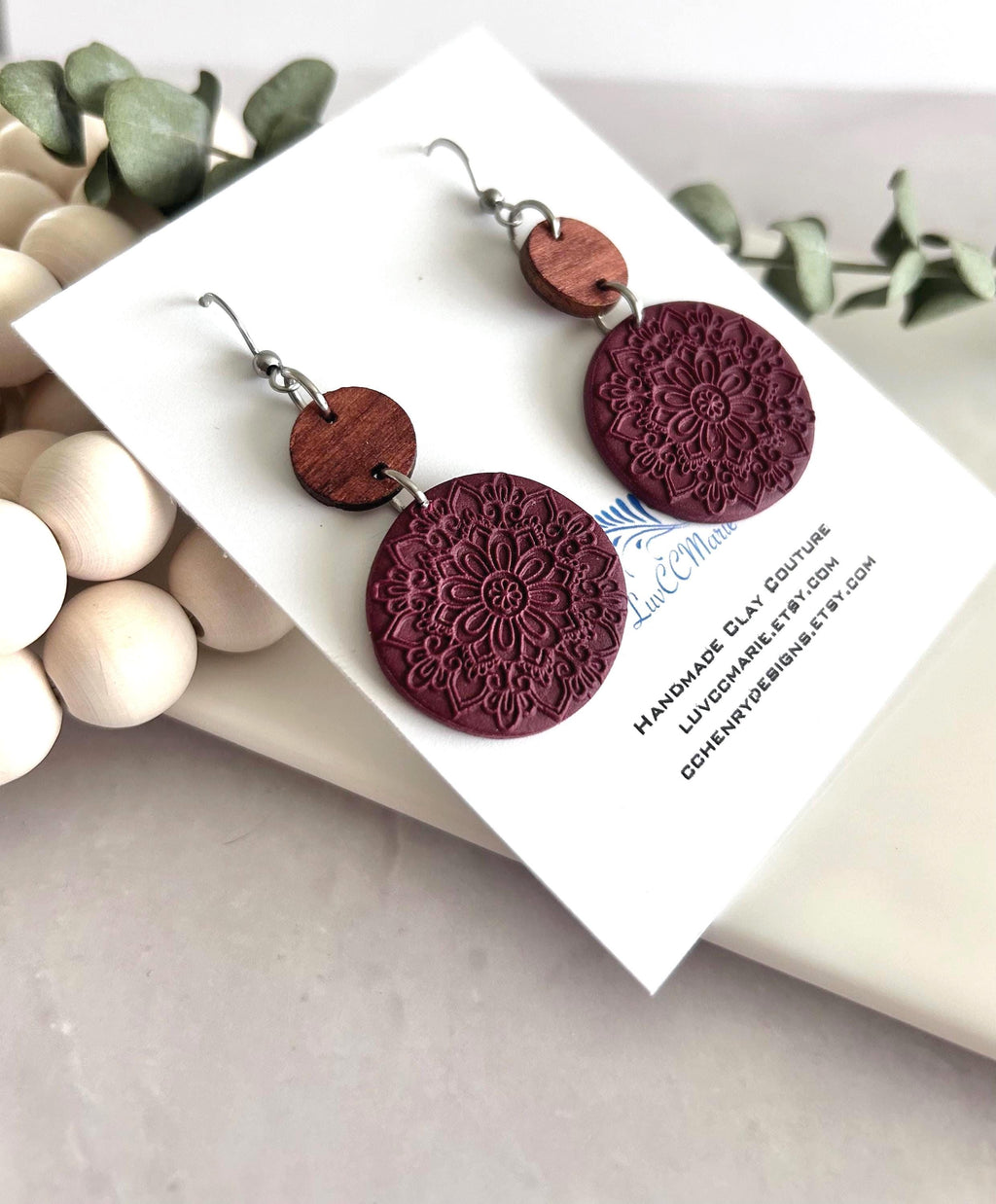Burgundy Earrings, Embossed Floral Clay Dangles, 18k Gold Fall Jewelry, Brown Wood Handmade Lightweight