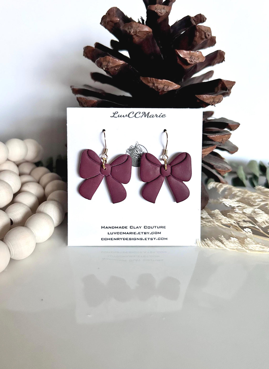 Creamy White Bow Earrings, Red Plaid Hoop Dangles, Maroon Clay Handmade Jewelry