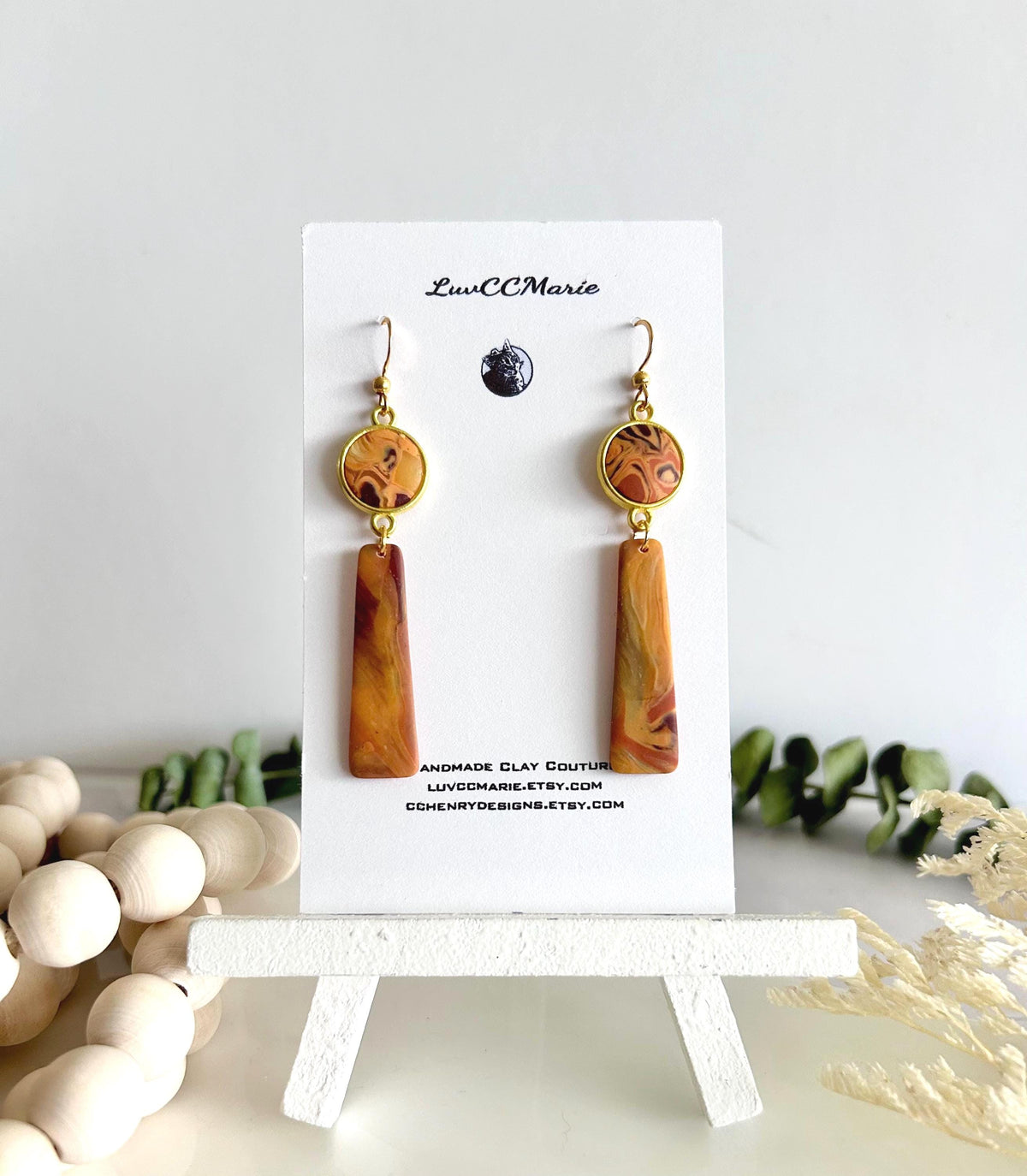 Mustard Yellow Clay Earrings, Abstract Bar Dangles, Long Drop Mid-century Modern Handmade Boho Jewelry