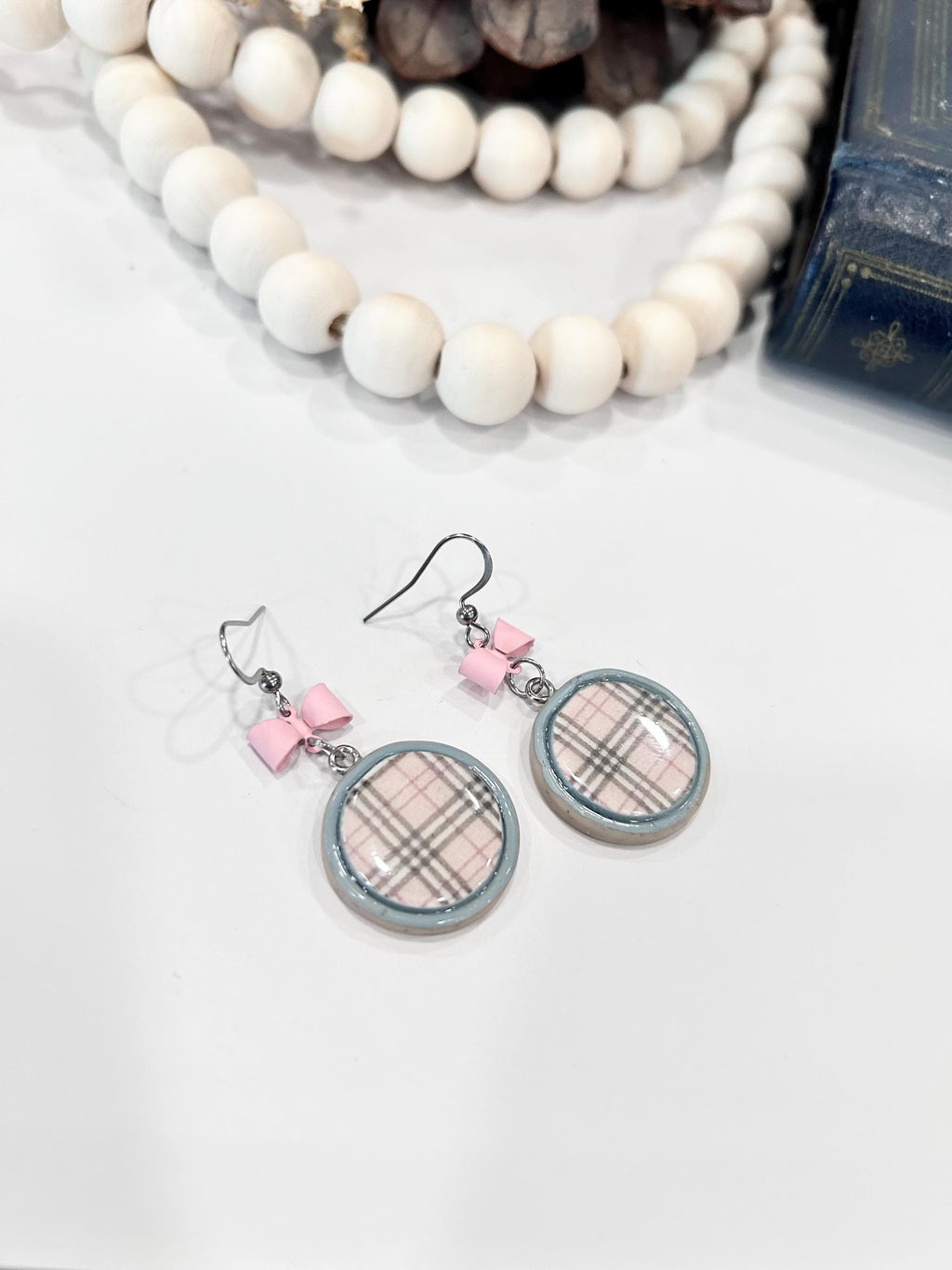 Pastel Pink and Light Gray Plaid Earrings with Bow Charm, Polymer Clay Geometric Dangles