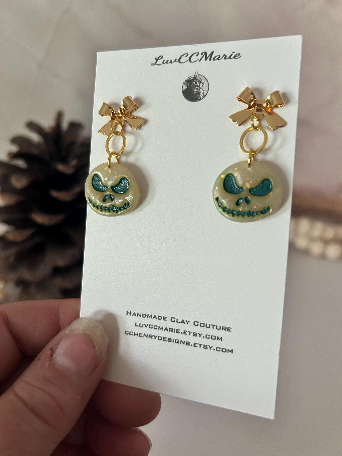 Green Skull Earrings, Bow Stud Drop Dangles, Opal Jack Handmade Jewelry