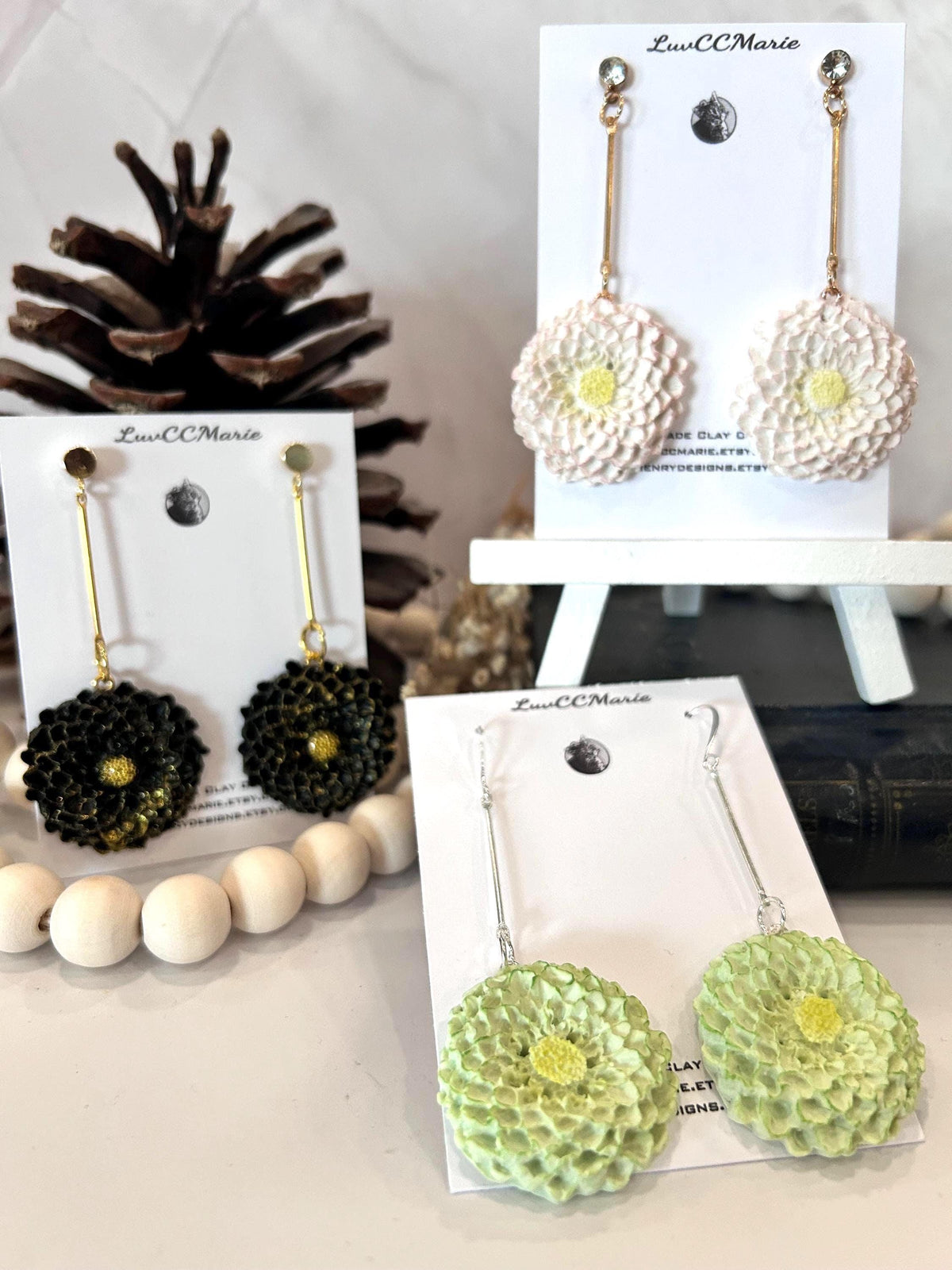 Handmade Black Dahlia Clay Earrings: Gold Floral Bar Dangles