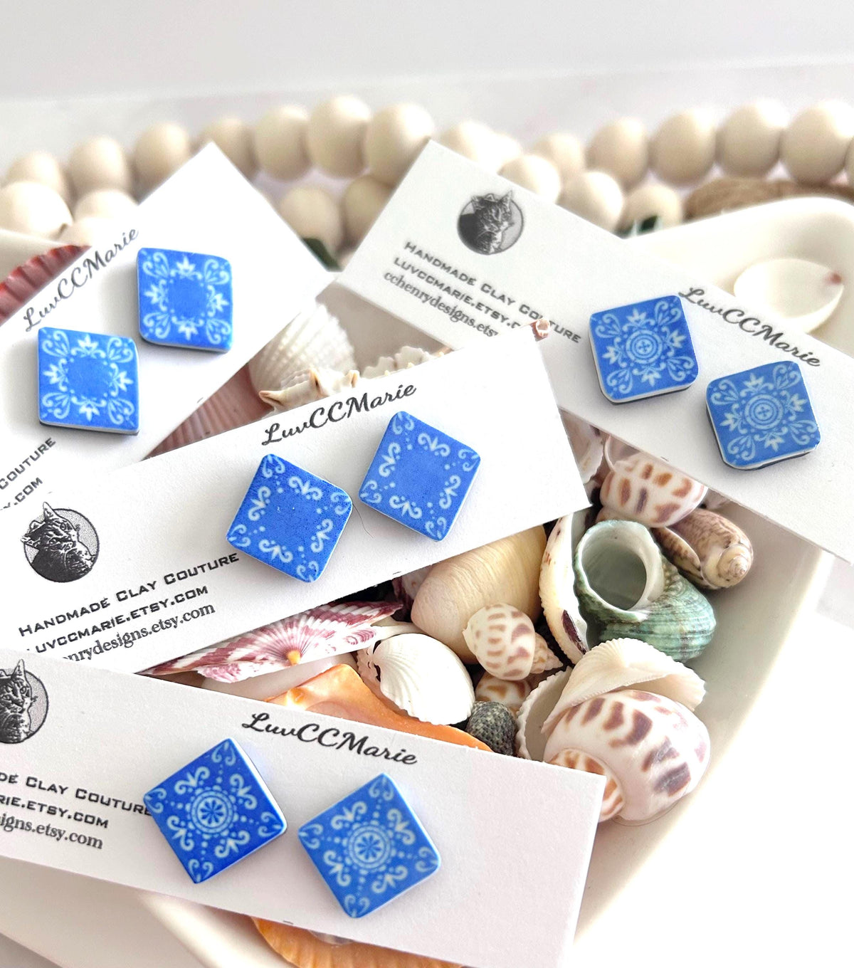 Handmade Cobalt Blue Tile Stud Earrings: Boho Mediterranean Jewelry