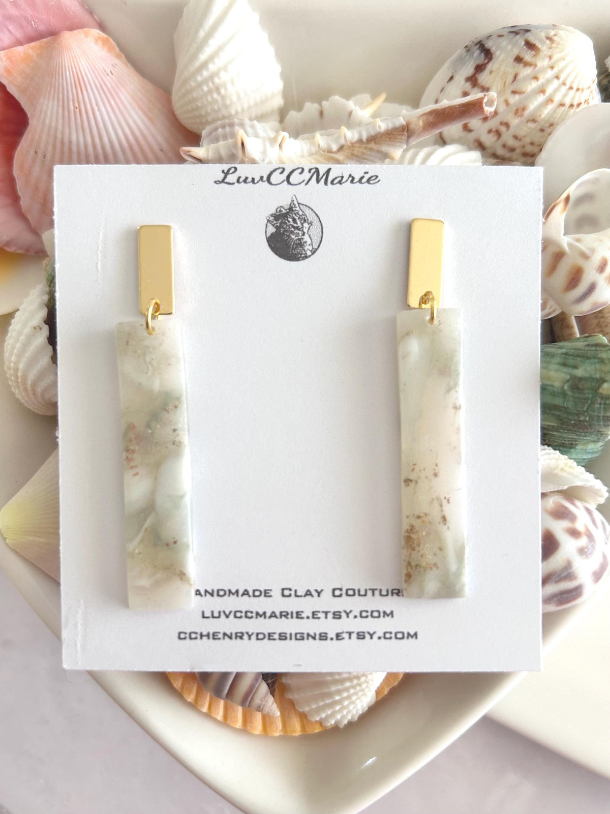 Handmade Clay Dangle Earrings, Sage Green, Gold and White Marbled Dangles, Lightweight Jewelry