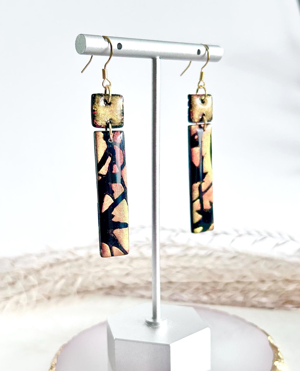 Hand Painted Bar Earrings, Black and Gold Abstract Fall Maple Leaf Metallic Ceramic Clay Dangles, Hypoallergenic Clay Lightweight Jewelry