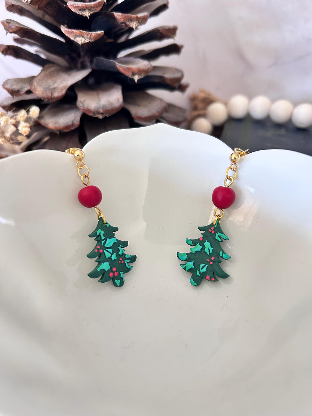 Green Christmas Tree Earrings, Holly Berry Beads, Cute Holiday Gift, Stocking Stuffer Clay Jewelry