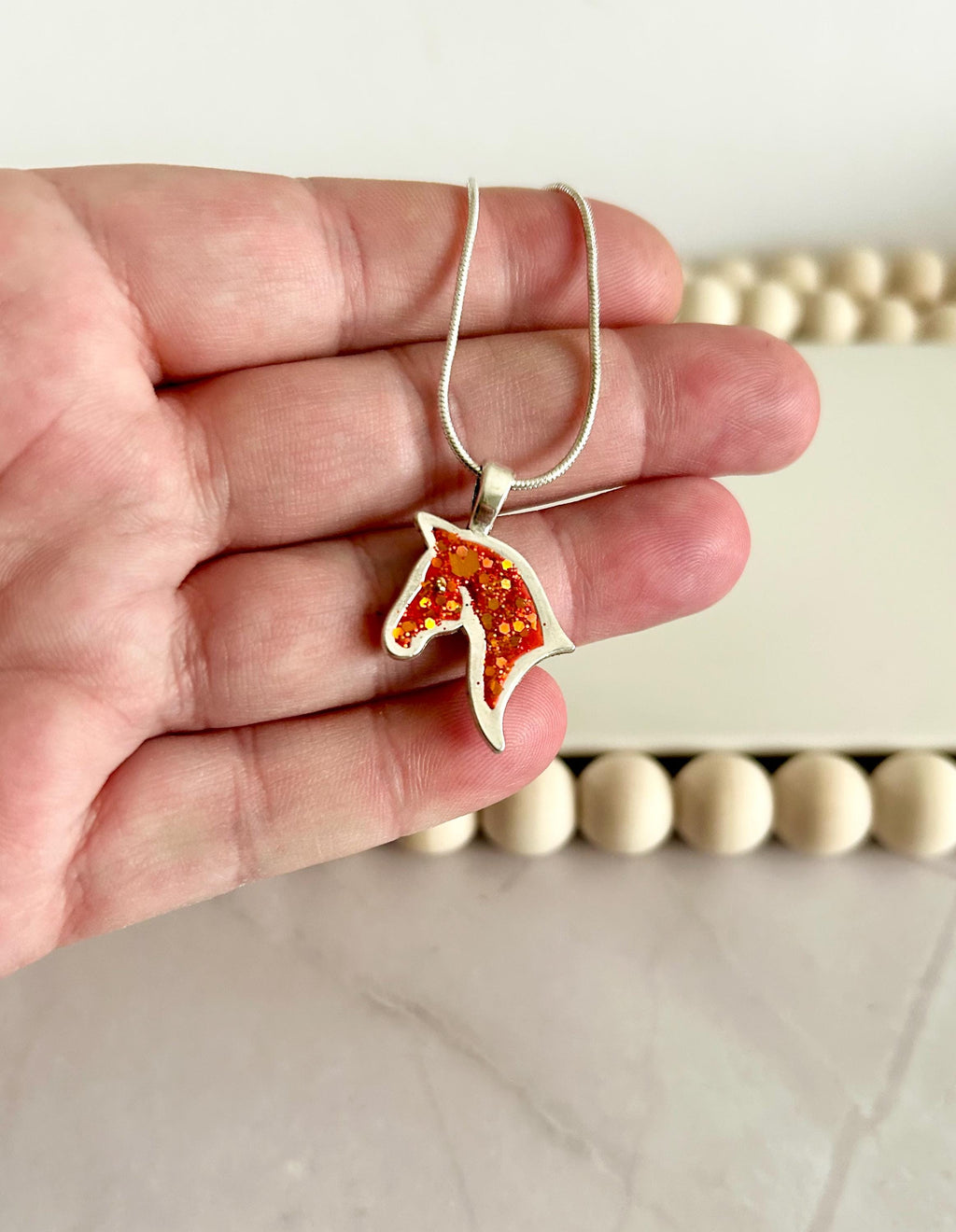 Year of the Horse Fire Necklace, Red and Silver Sparkly Pendant, Handmade Fashion Clay Jewelry