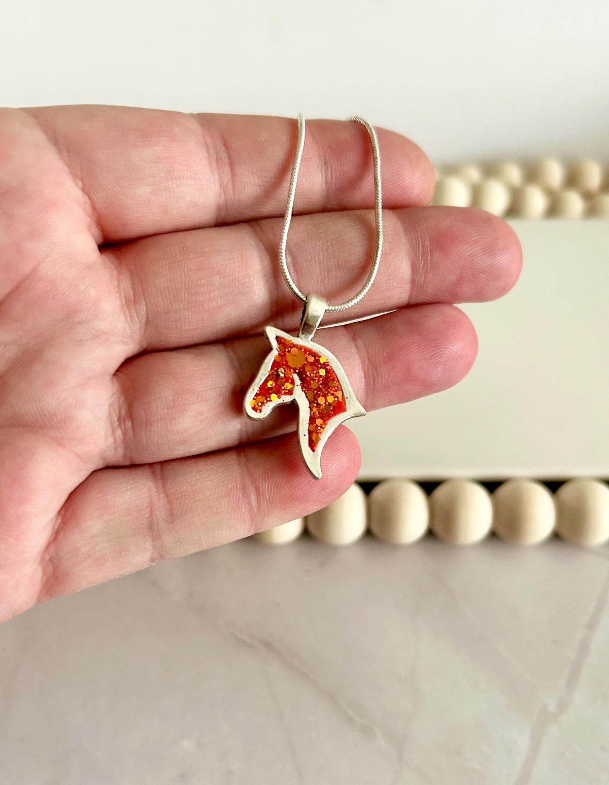 Year of the Horse Fire Necklace, Red and Silver Sparkly Pendant, Handmade Fashion Clay Jewelry