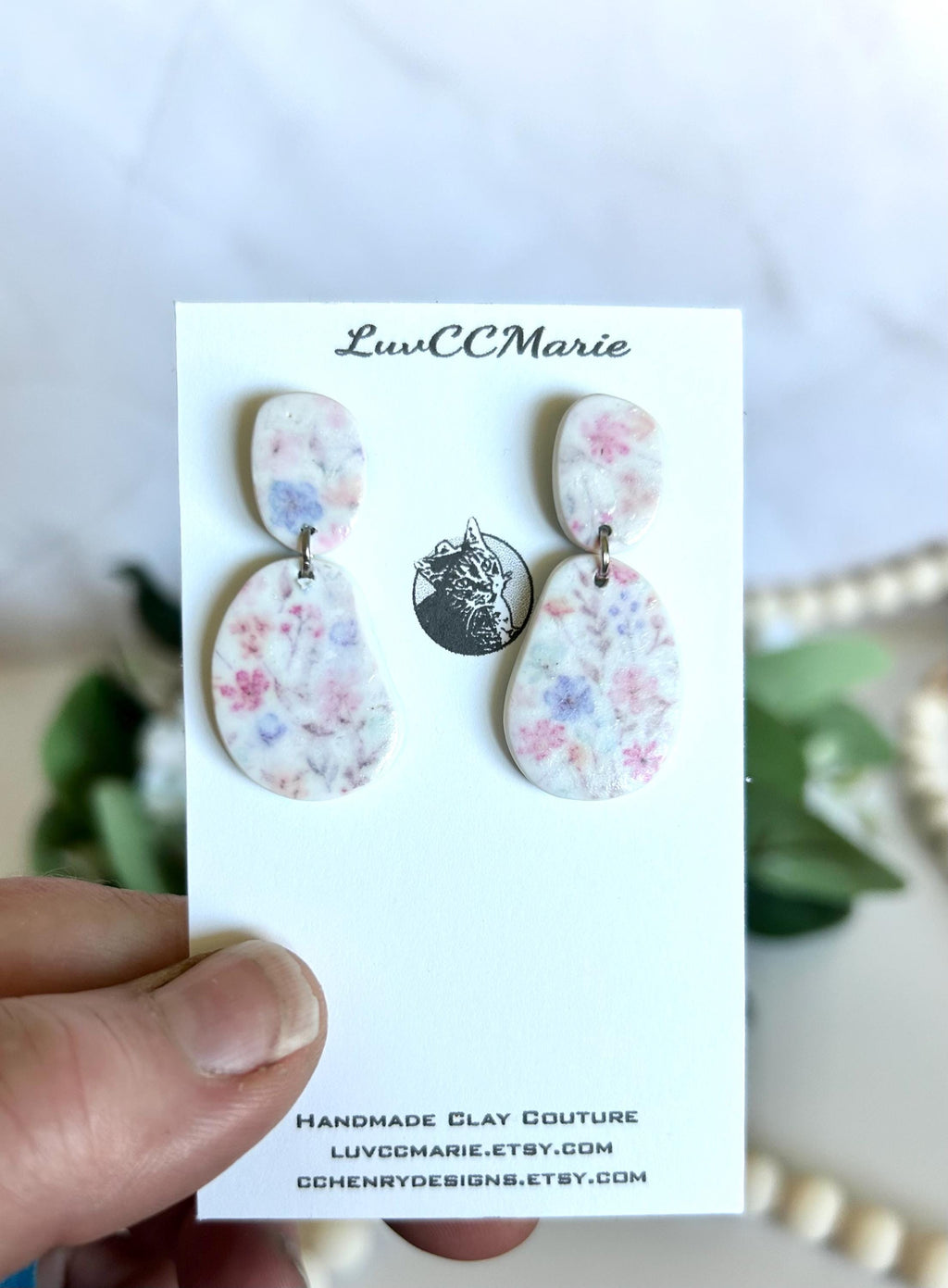 Pink and Blue Floral Earrings, Pastel Flower Clay Earrings, Stud Dangles, Handmade Jewelry
