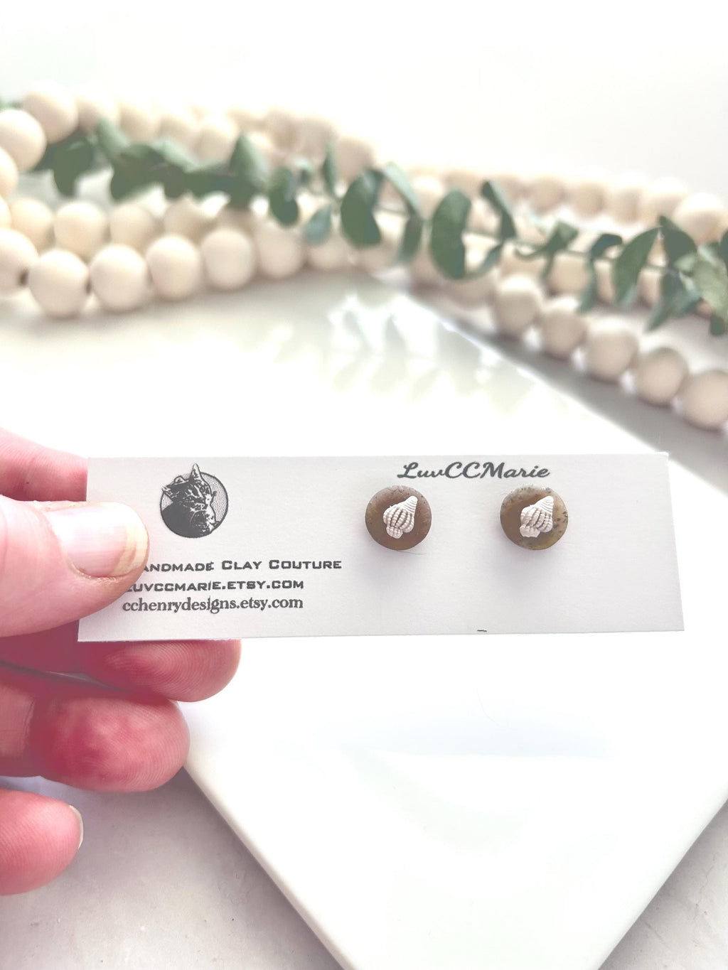 Seashell Studs, Beige and White Stud Earrings, Coastal Vacation Handmade Clay Jewelry Gift