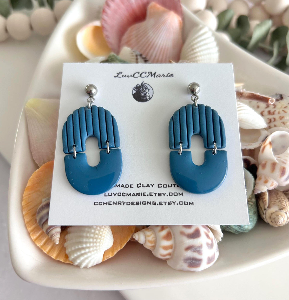 Teal Blue Modern Geometric Stripe Minimal Dangle Earrings, Clay Arch Drop Dangles, Handmade Jewelry