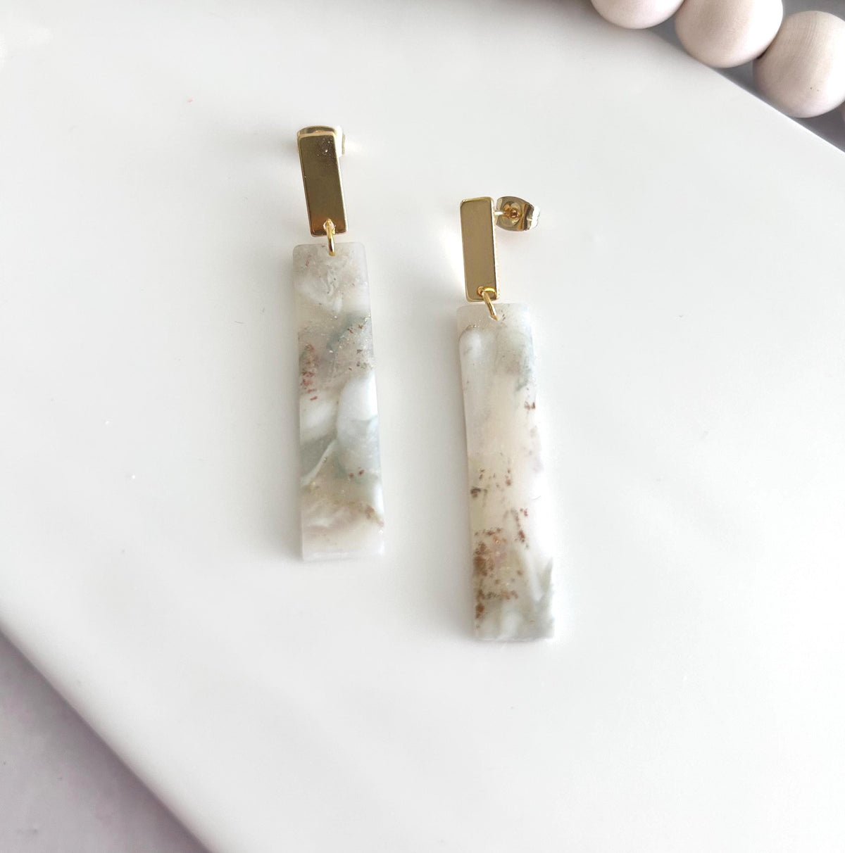 Handmade Clay Dangle Earrings, Sage Green, Gold and White Marbled Dangles, Lightweight Jewelry