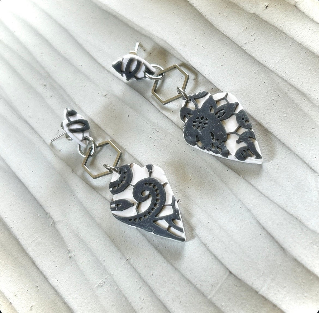 Black and White Boho Earrings, Charcoal Lace Embossed Floral Clay Dangles, Handmade Jewelry