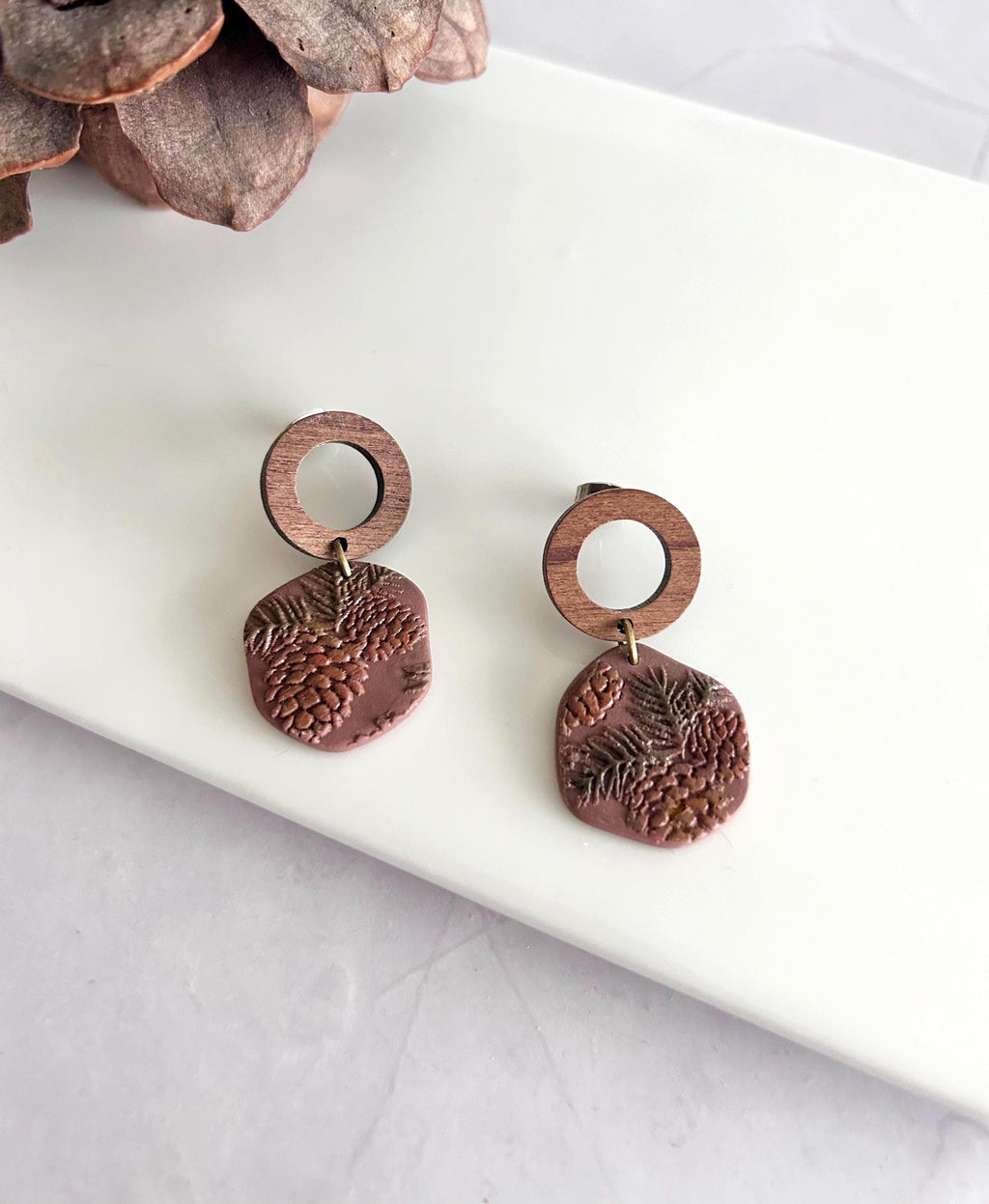 Pine Bough Clay and Wood Dangle Earrings, Fall Pinecone Walnut Stud Boho Jewelry