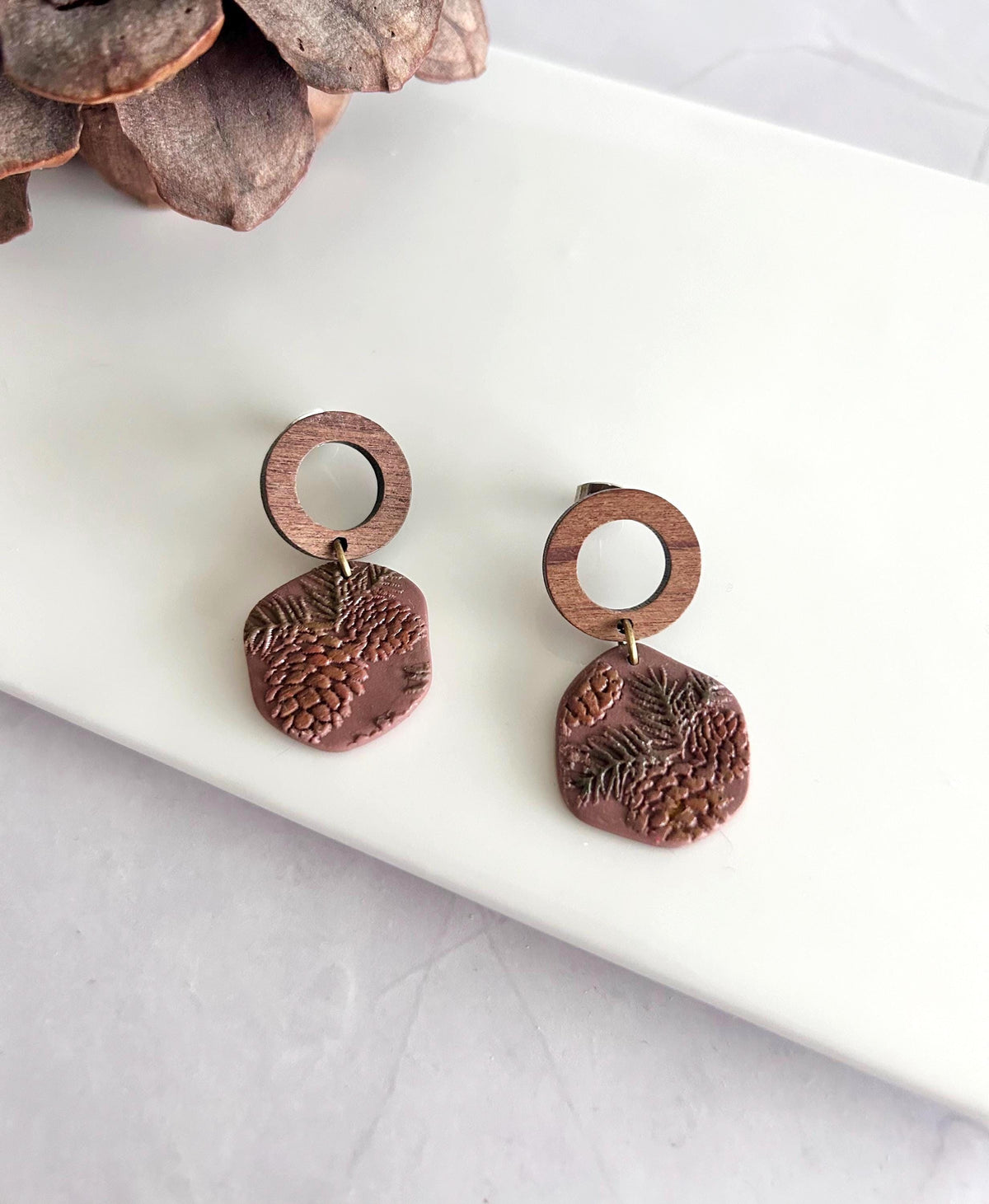 Pine Bough Clay and Wood Dangle Earrings, Fall Pinecone Walnut Stud Boho Jewelry