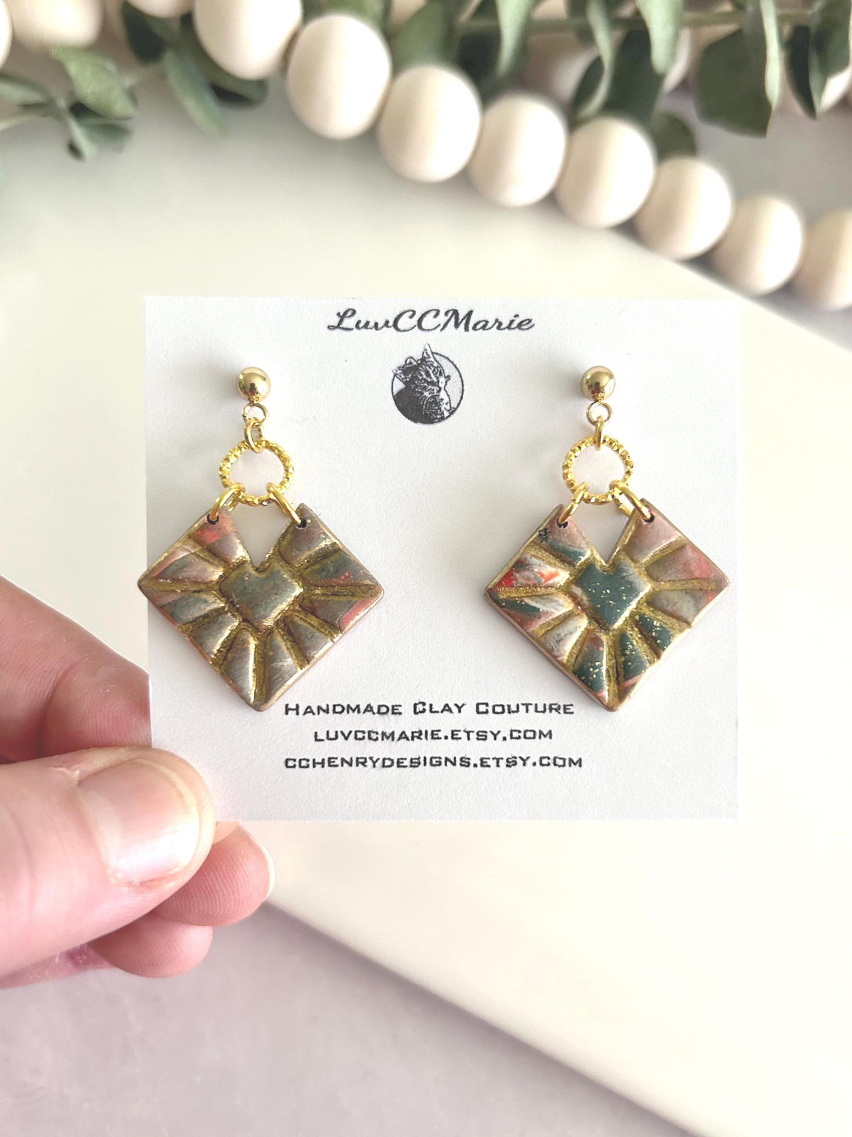 Green and Gold Marbled Geometric Hoop Dangles, Bright Orange Clay Earrings, Handmade Jewelry