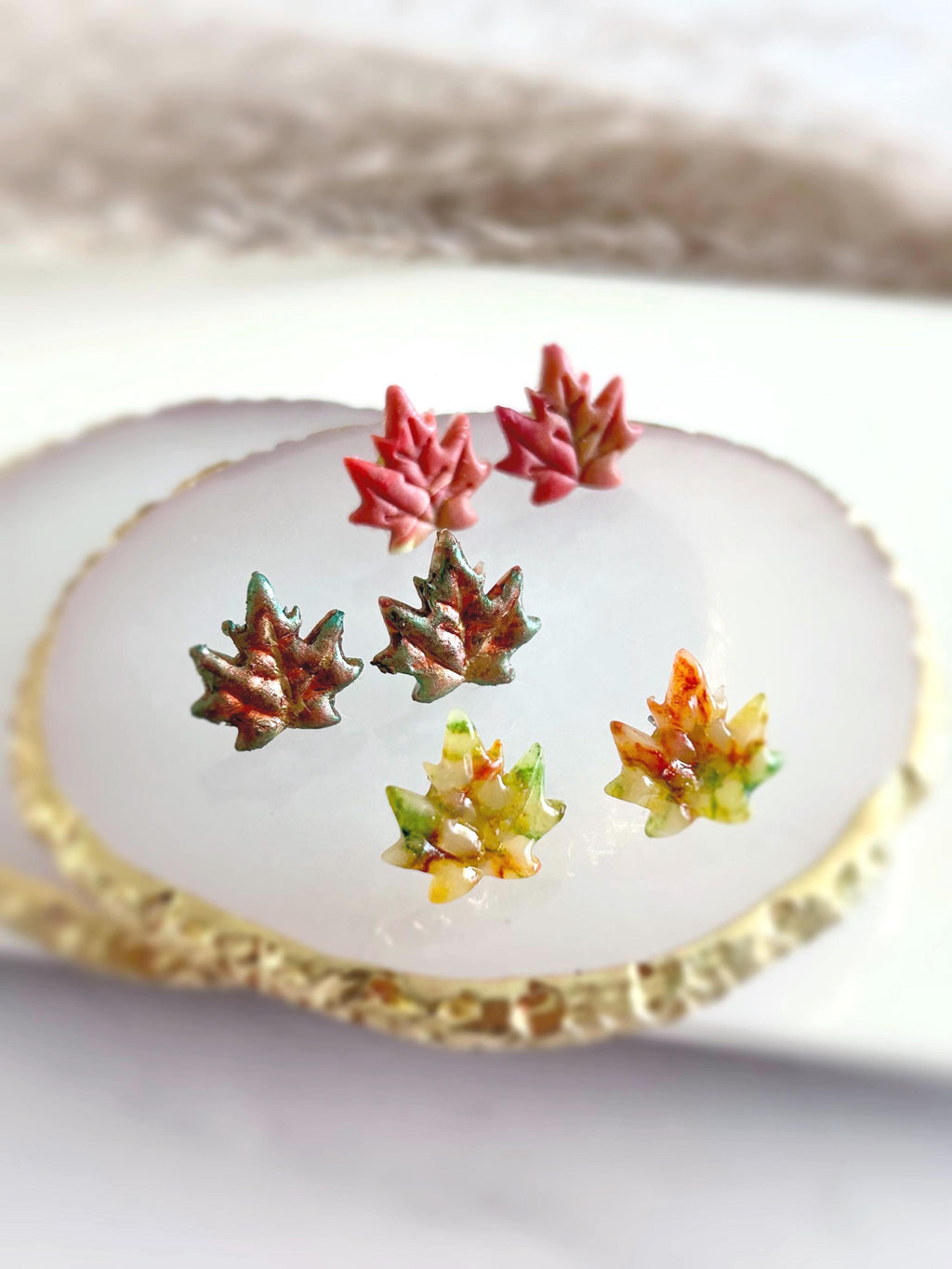 Fall Maple Leaf Stud Earrings, Multicolor Autumn Clay Studs, Handmade Boho Gift