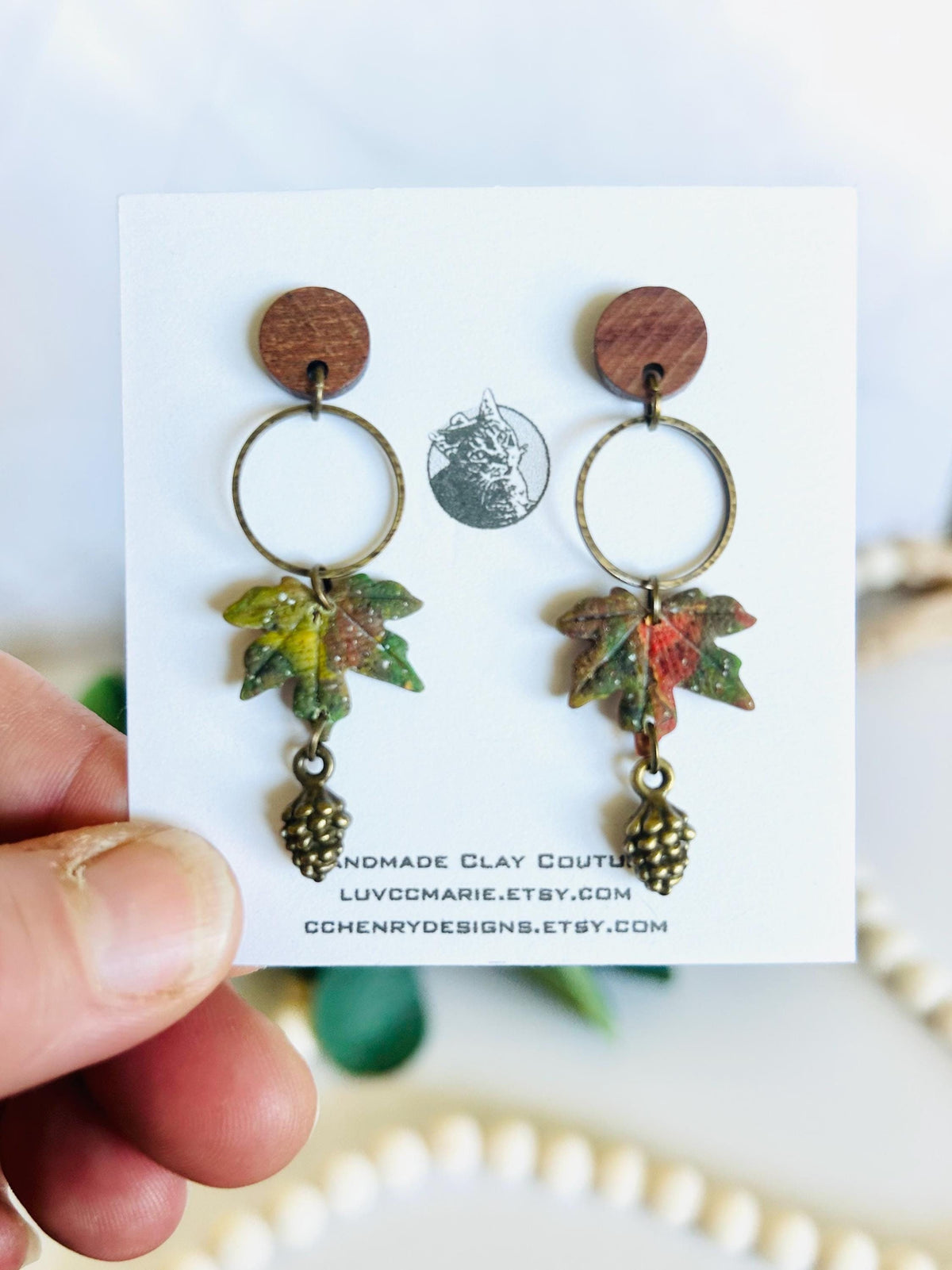 Maple Leaf Clay Earrings, Bronze and Wood Pine Cone Dangles, Handmade Multicolor Fall Jewelry
