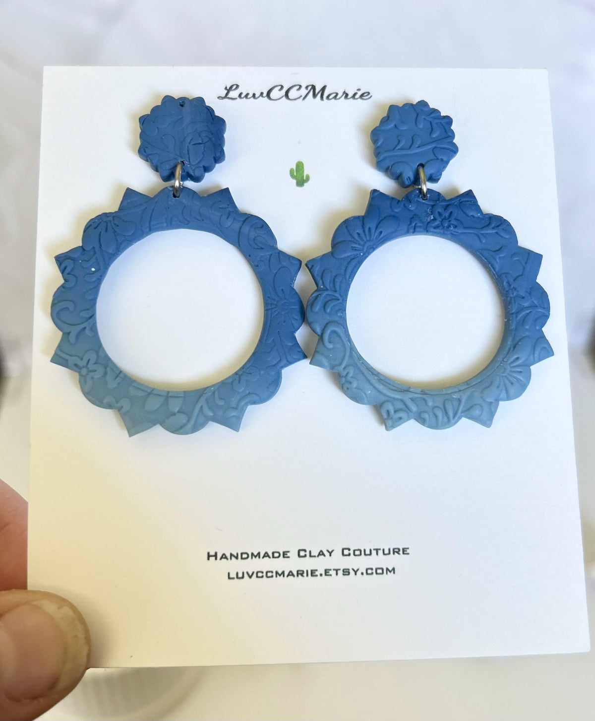 Boho Drop Hoop Earrings, Blue Ombre Statement Dangles, Handmade Clay Unique Gift