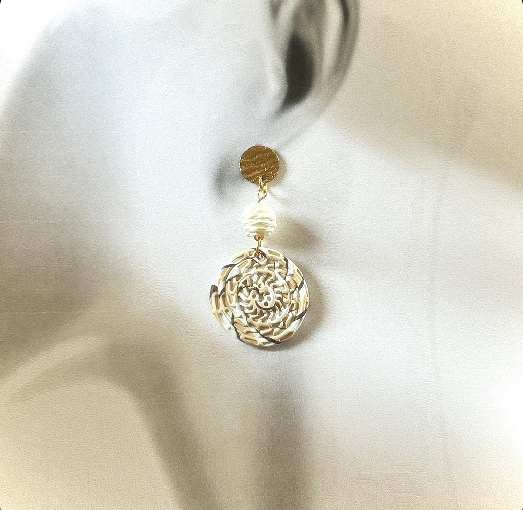Handmade Clay Dangle Earrings, Raffia Dangles, Neutral Unique Boho Jewelry