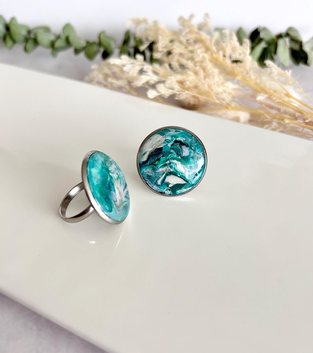 Green Faux Malachite Stone Polymer Clay Ring, Stainless Steel Adjustable Band, Handmade Jewelry