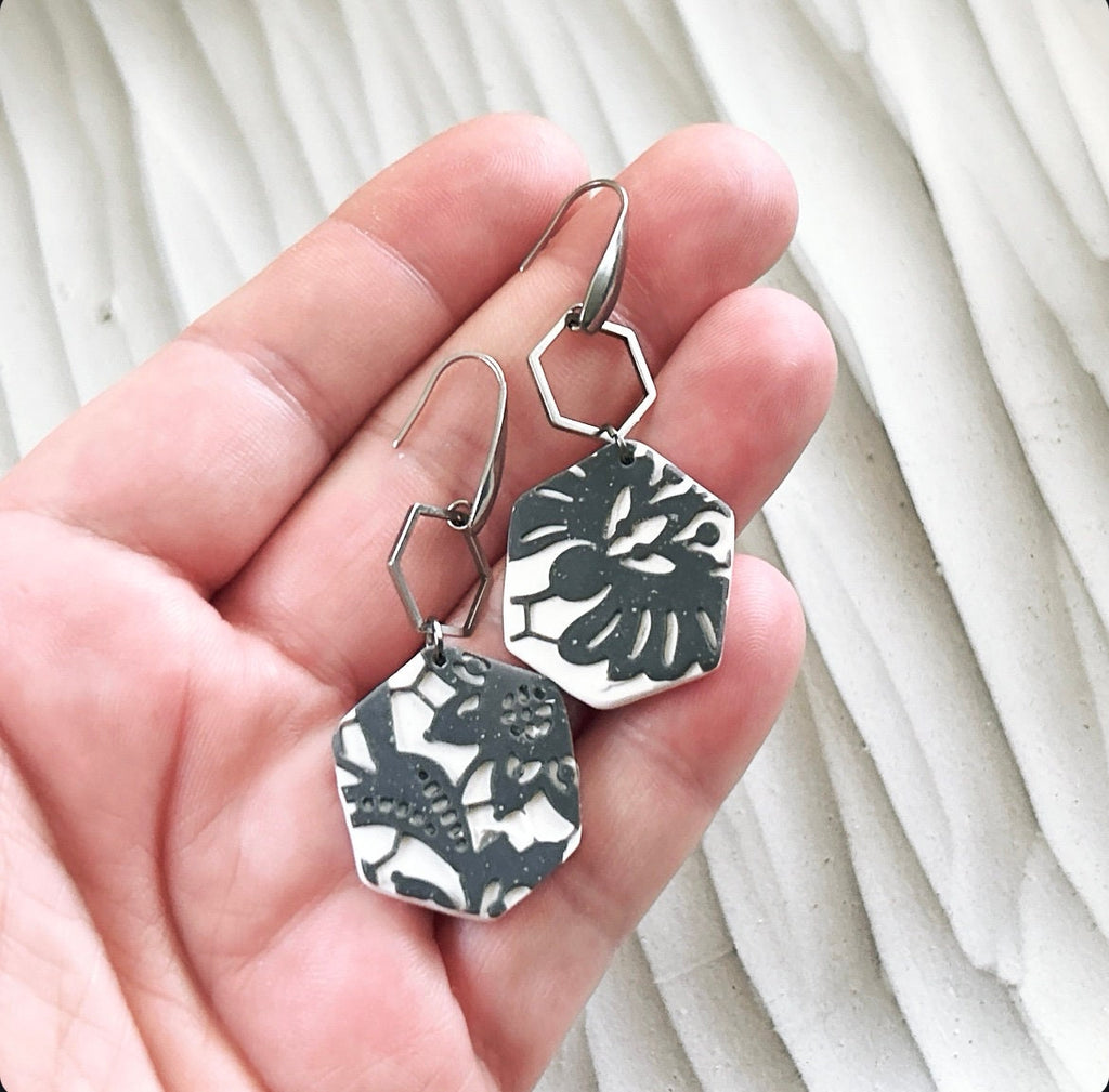 Charcoal Lace Hexagon Hoop Dangle Earrings, Boho Bridal Handmade Jewelry